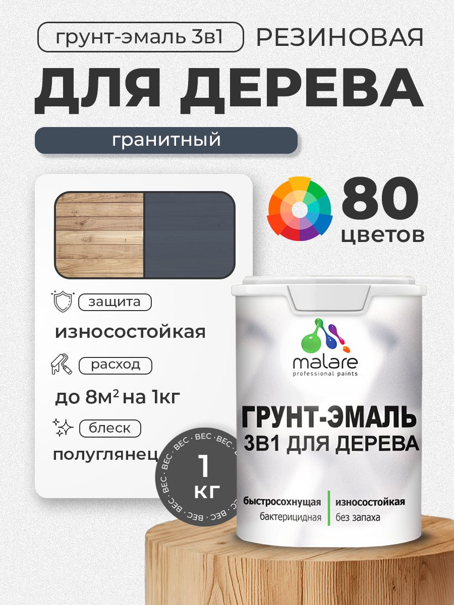 Латексная грунт-эмаль 3 в 1 Malare для деревянных поверхностей с антисептическим эффектом, быстросохнущая моющаяся без запаха полуглянцевая, гранитный, 1 кг