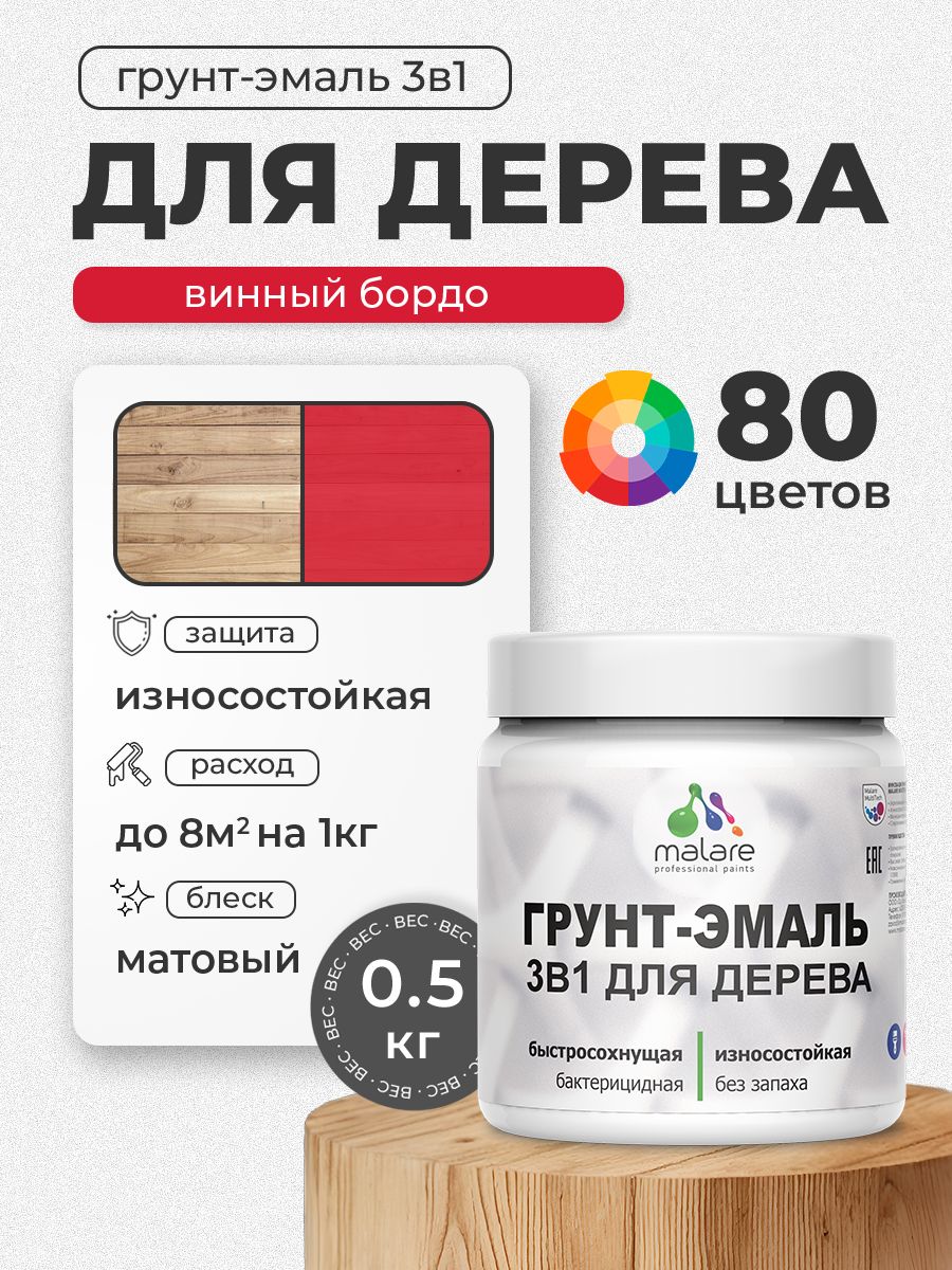 Акриловая Грунт-Эмаль 3 в 1 Malare для деревянных поверхностей с антисептическим эффектом, быстросохнущая, моющаяся без запаха матовая, винный бордо, 0.5 кг