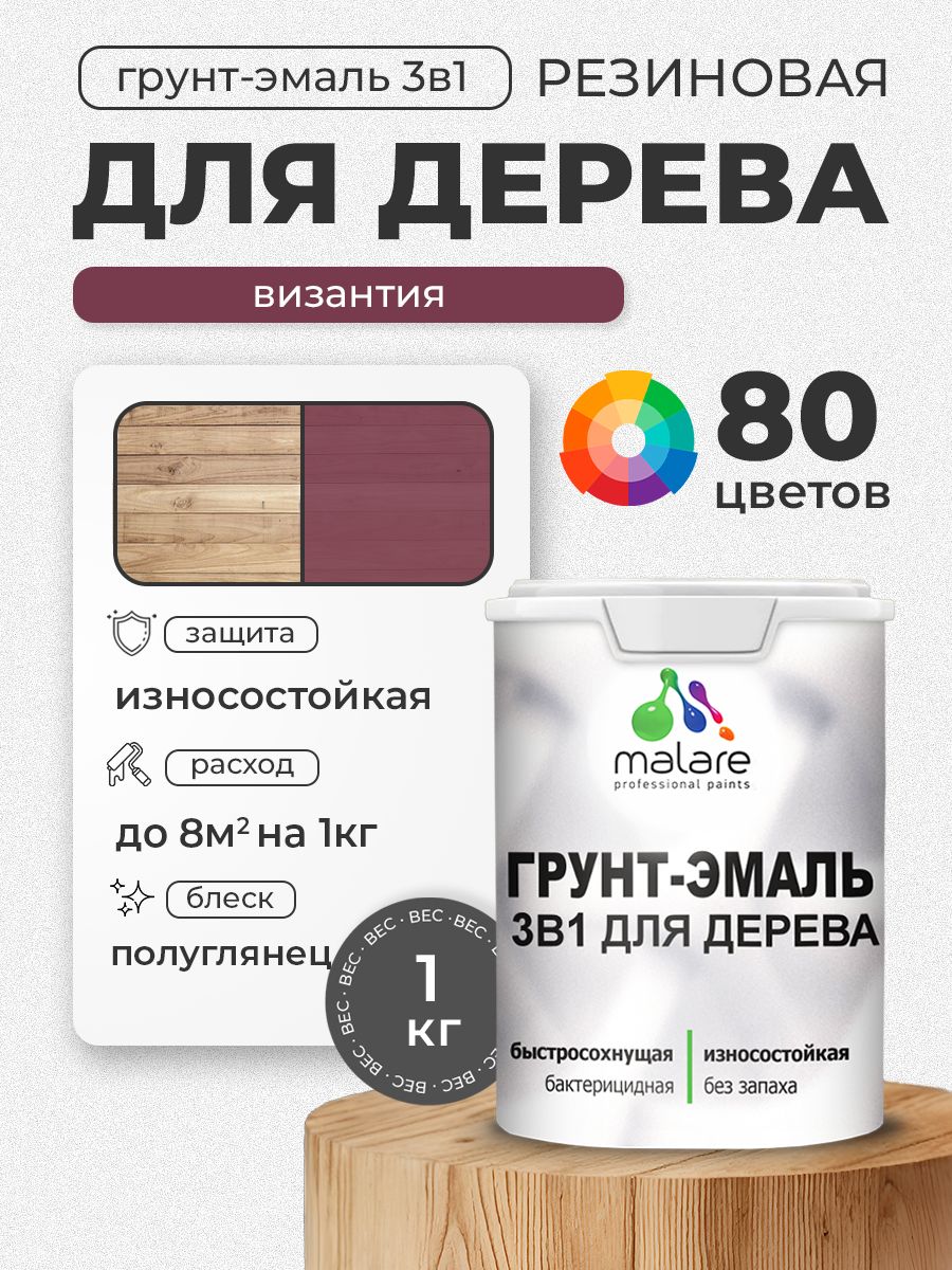 Латексная Грунт-Эмаль 3 в 1 Malare для деревянных поверхностей с антисептическим эффектом, быстросохнущая моющаяся без запаха полуглянцевая, византия, 1 кг