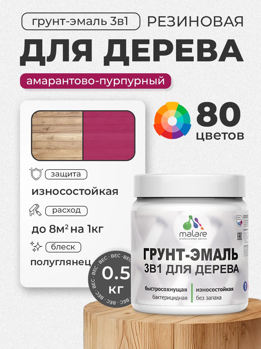 Латексная Грунт-Эмаль 3 в 1 Malare для деревянных поверхностей с антисептическим эффектом, быстросохнущая моющаяся без запаха полуглянцевая, амарантово-пурпурный, 0.5 кг