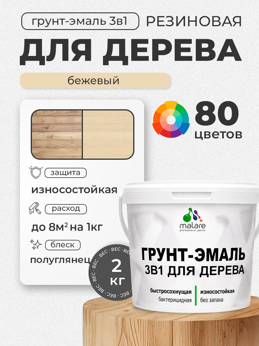 Латексная Грунт-Эмаль 3 в 1 Malare для деревянных поверхностей с антисептическим эффектом, быстросохнущая моющаяся без запаха полуглянцевая, бежевый, 2 кг