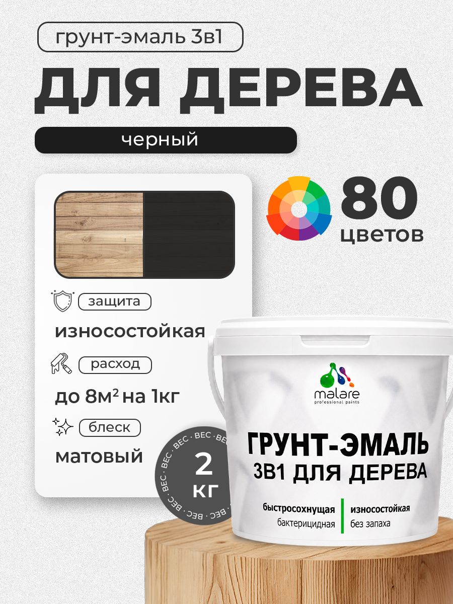 Акриловая Грунт-Эмаль 3 в 1 Malare для деревянных поверхностей с антисептическим эффектом, быстросохнущая, моющаяся без запаха матовая, черный, 2 кг