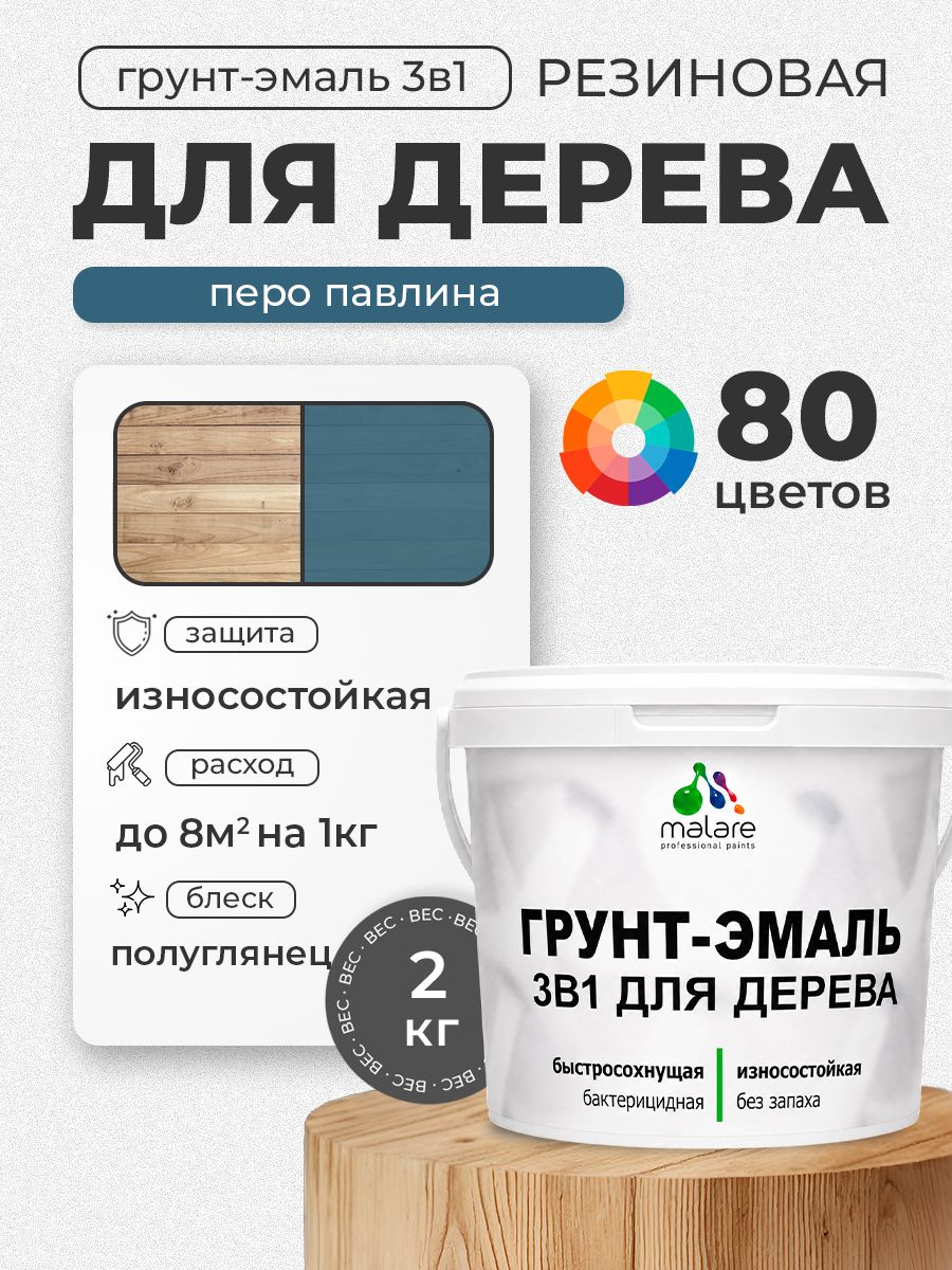 Латексная Грунт-Эмаль 3 в 1 Malare для деревянных поверхностей с антисептическим эффектом, быстросохнущая моющаяся без запаха полуглянцевая, перо павлина, 2 кг