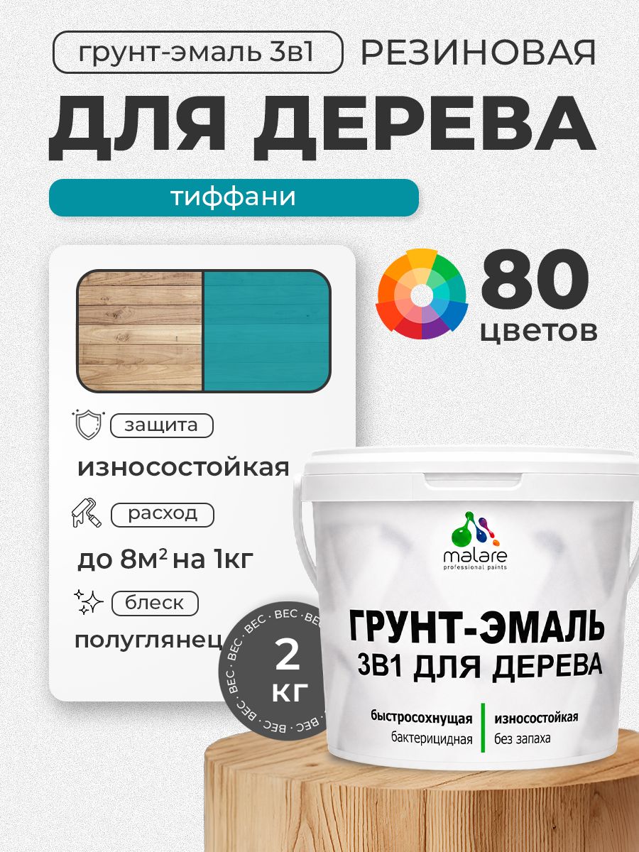 Латексная Грунт-Эмаль 3 в 1 Malare для деревянных поверхностей с антисептическим эффектом, быстросохнущая моющаяся без запаха полуглянцевая, тиффани, 2 кг
