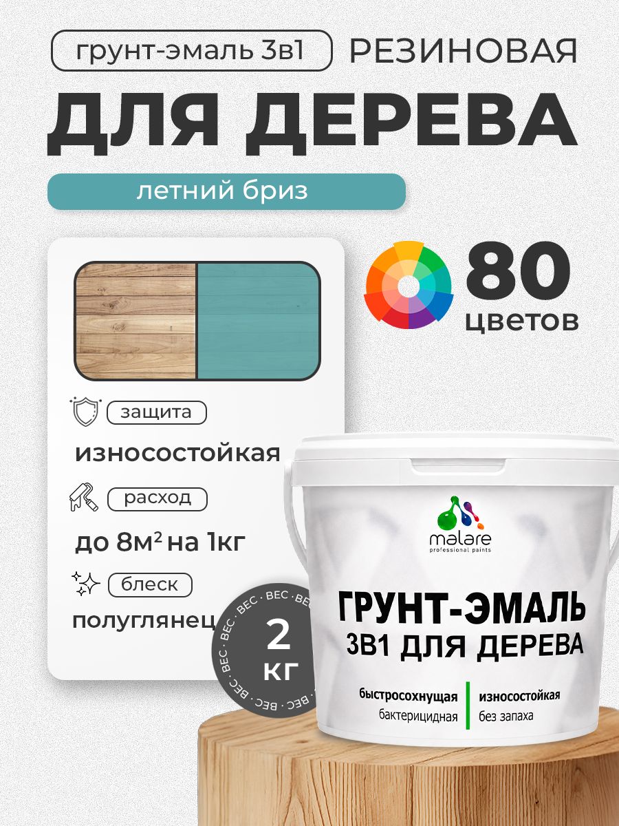 Латексная Грунт-Эмаль 3 в 1 Malare для деревянных поверхностей с антисептическим эффектом, быстросохнущая моющаяся без запаха полуглянцевая, летний бриз, 2 кг