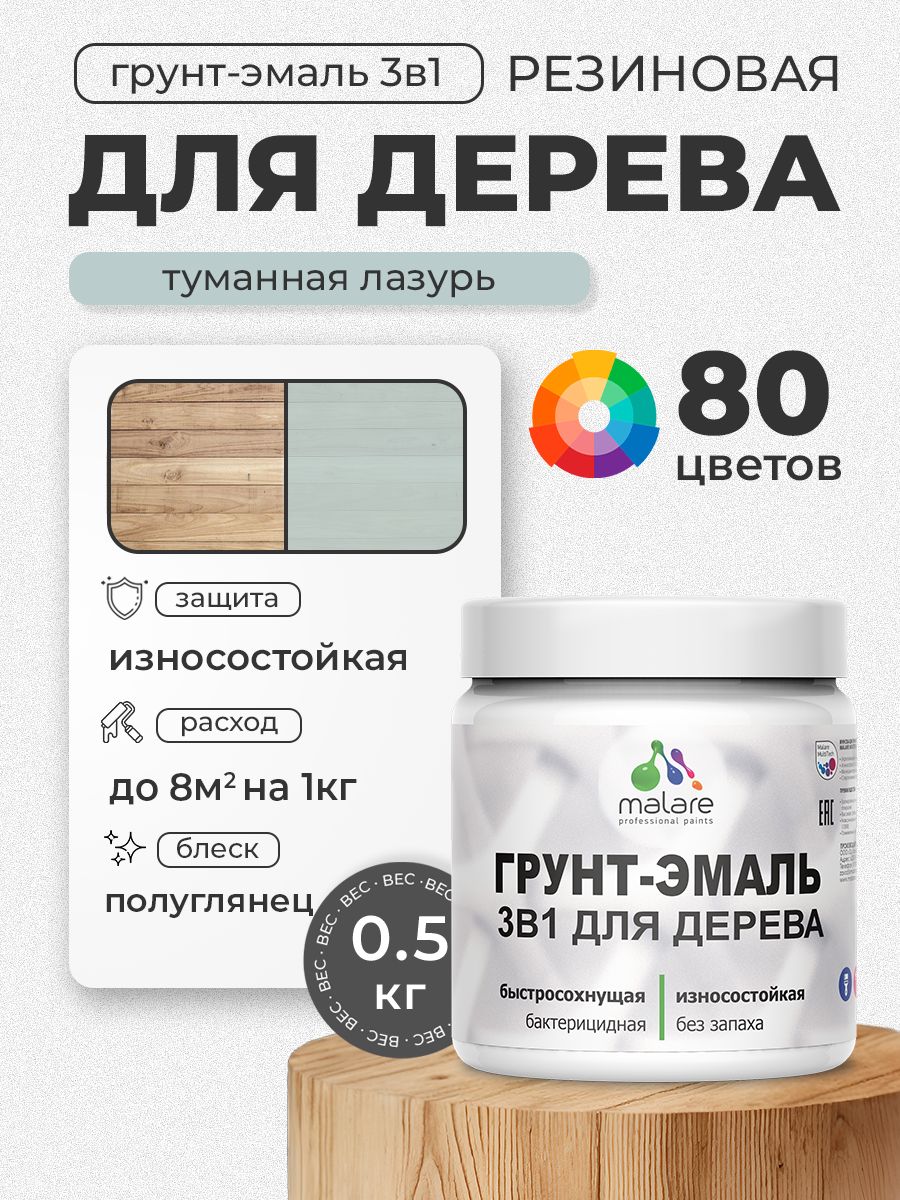 Латексная Грунт-Эмаль 3 в 1 Malare для деревянных поверхностей с антисептическим эффектом, быстросохнущая моющаяся без запаха полуглянцевая, туманная лазурь, 0.5 кг