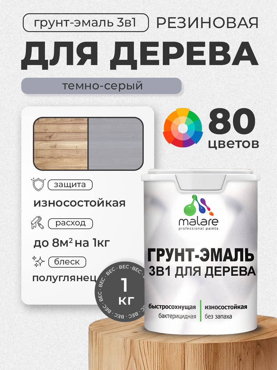 Латексная Грунт-Эмаль 3 в 1 Malare для деревянных поверхностей с антисептическим эффектом, быстросохнущая моющаяся без запаха полуглянцевая, темно-серый, 1 кг