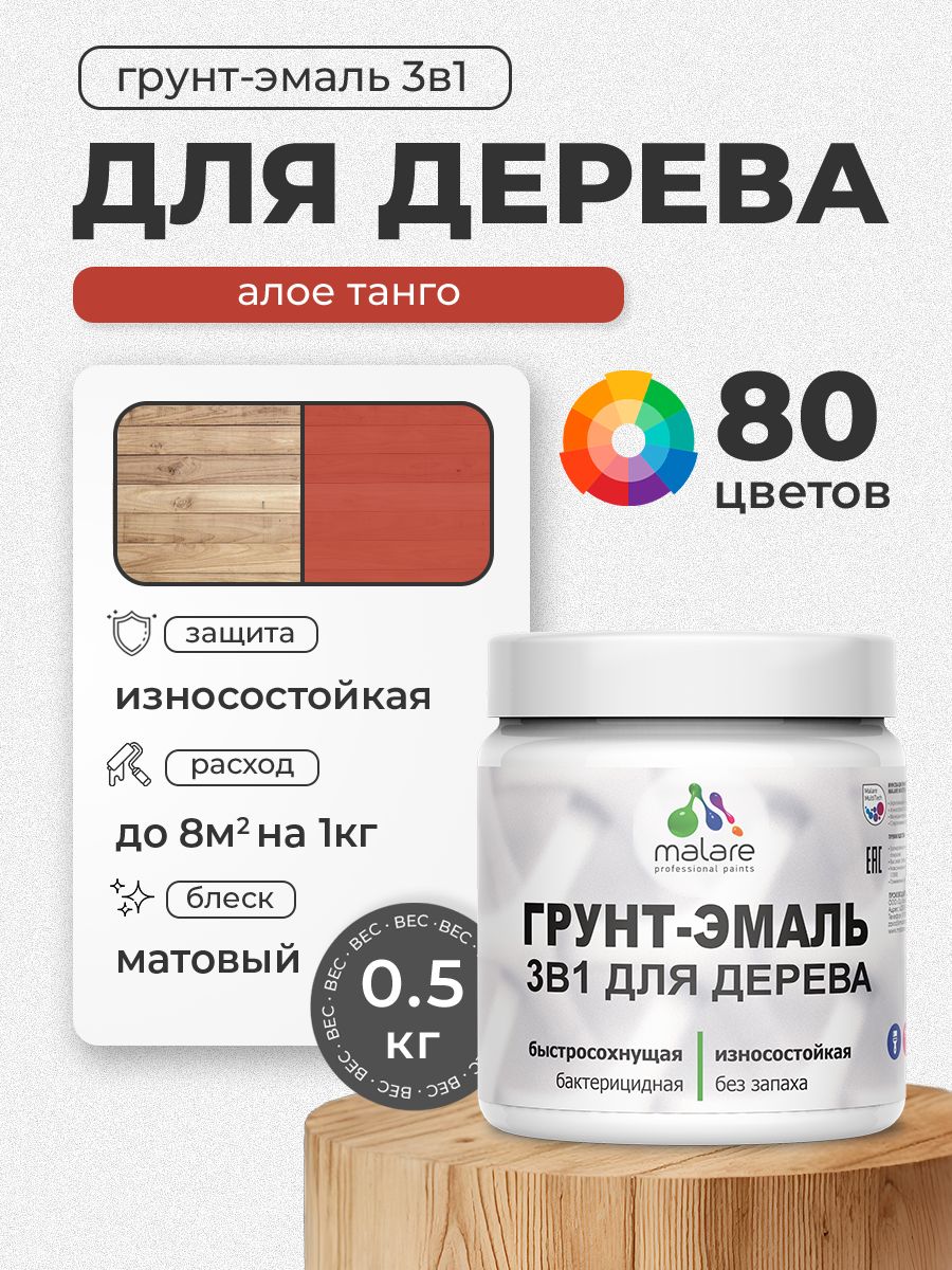 Акриловая Грунт-Эмаль 3 в 1 Malare для деревянных поверхностей с антисептическим эффектом, быстросохнущая, моющаяся без запаха матовая, алое танго, 0.5 кг