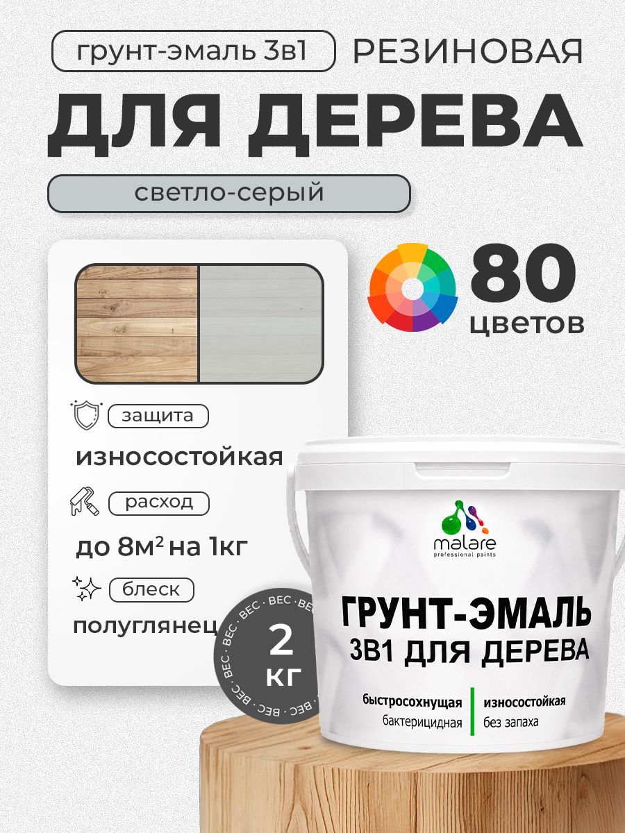 Латексная Грунт-Эмаль 3 в 1 Malare для деревянных поверхностей с антисептическим эффектом, быстросохнущая моющаяся без запаха полуглянцевая, светло-серый, 2 кг