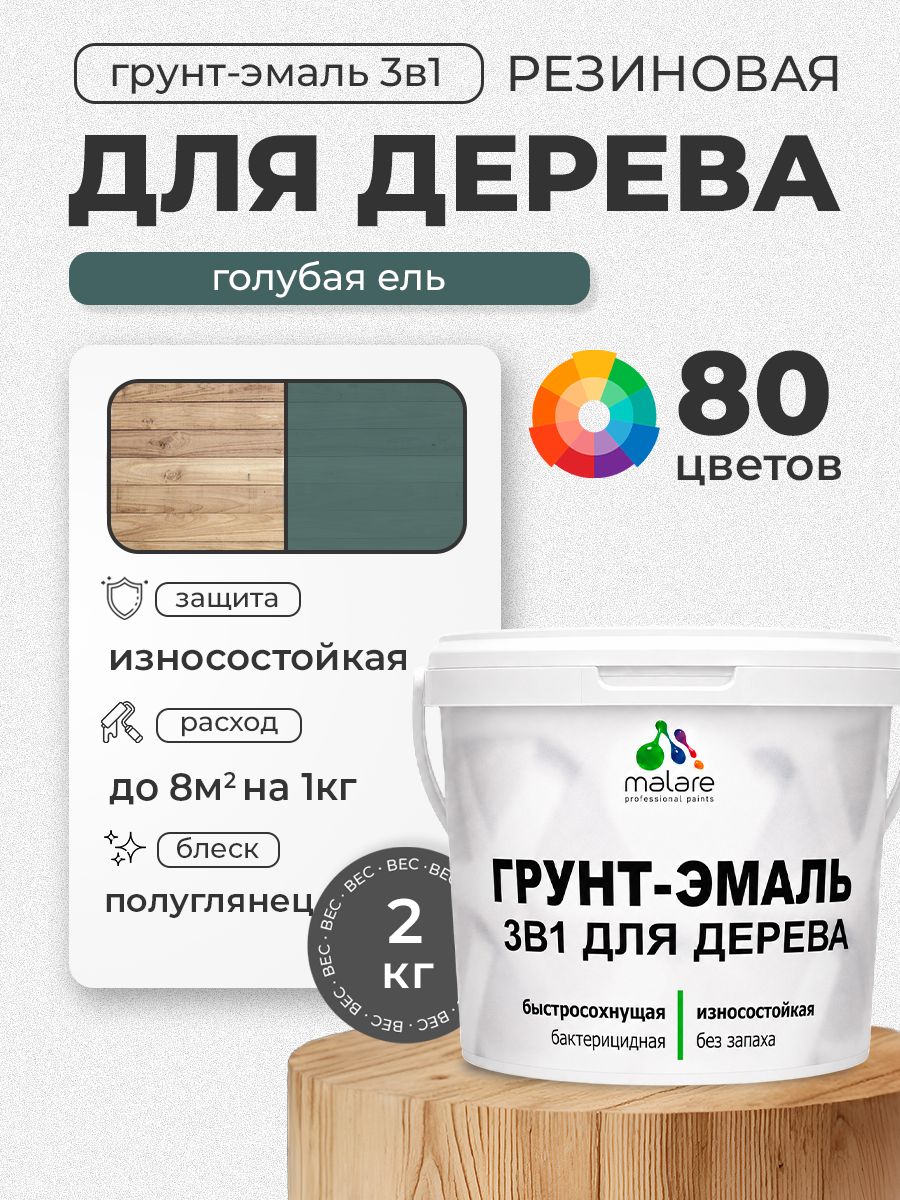 Латексная Грунт-Эмаль 3 в 1 Malare для деревянных поверхностей с антисептическим эффектом, быстросохнущая моющаяся без запаха полуглянцевая, голубая ель, 2 кг