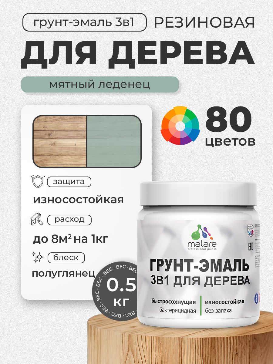 Латексная Грунт-Эмаль 3 в 1 Malare для деревянных поверхностей с антисептическим эффектом, быстросохнущая моющаяся без запаха полуглянцевая, мятный леденец, 0.5 кг