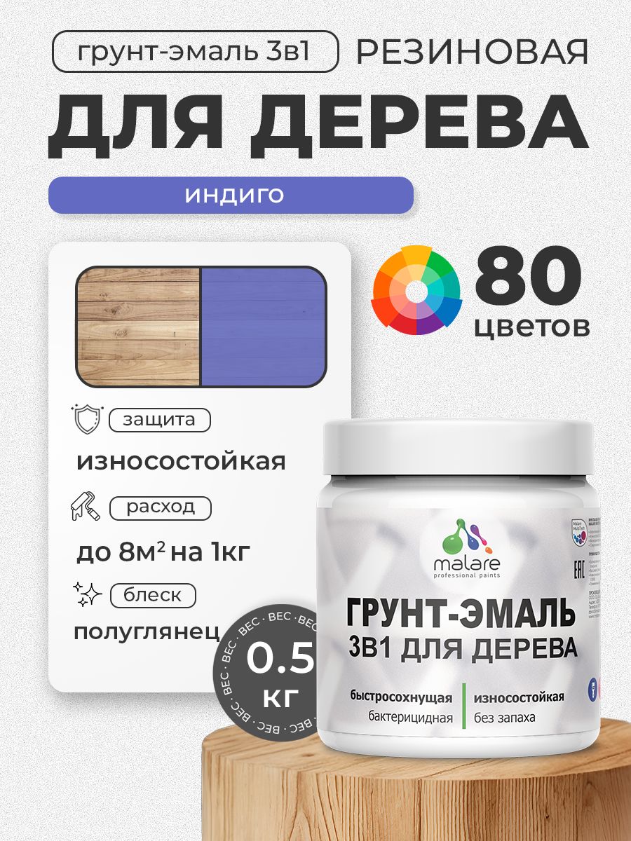 Латексная Грунт-Эмаль 3 в 1 Malare для деревянных поверхностей с антисептическим эффектом, быстросохнущая моющаяся без запаха полуглянцевая, индиго, 0.5 кг
