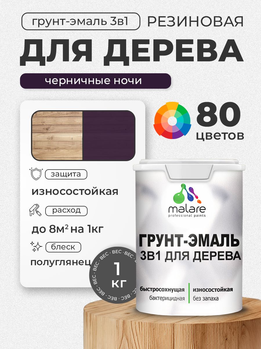 Латексная Грунт-Эмаль 3 в 1 Malare для деревянных поверхностей с антисептическим эффектом, быстросохнущая моющаяся без запаха полуглянцевая, черничные ночи, 1 кг