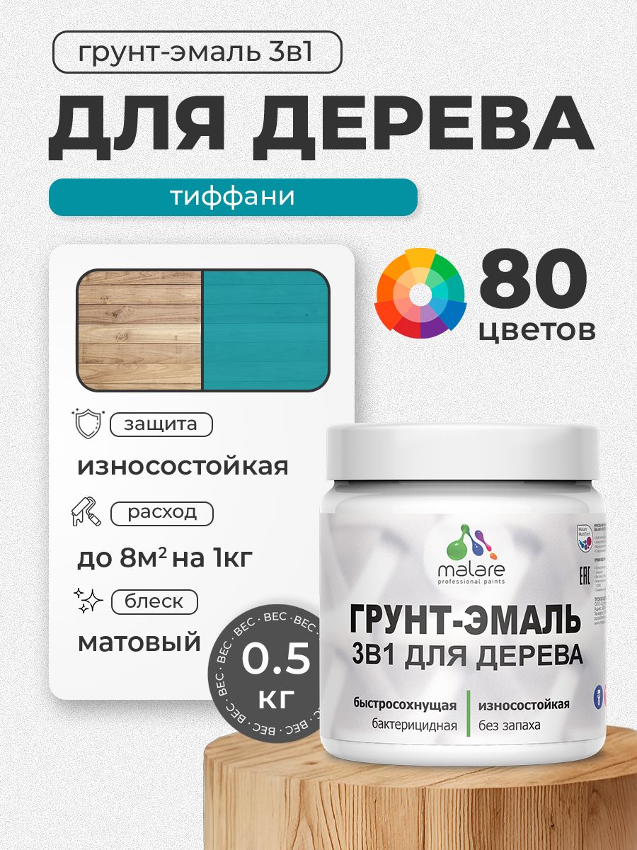 Акриловая Грунт-Эмаль 3 в 1 Malare для деревянных поверхностей с антисептическим эффектом, быстросохнущая, моющаяся без запаха матовая, тиффани, 0.5 кг