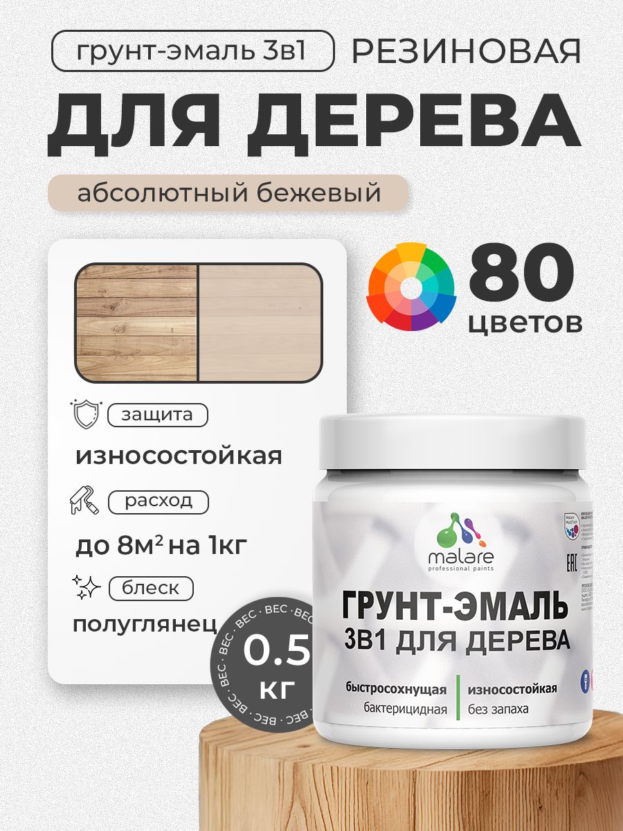 Латексная Грунт-Эмаль 3 в 1 Malare для деревянных поверхностей с антисептическим эффектом, быстросохнущая моющаяся без запаха полуглянцевая, абсолютный бежевый, 0.5 кг
