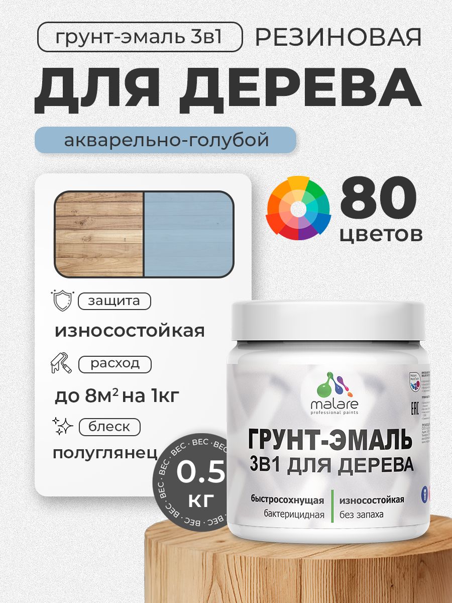 Латексная Грунт-Эмаль 3 в 1 Malare для деревянных поверхностей с антисептическим эффектом, быстросохнущая моющаяся без запаха полуглянцевая, акварельно-голубой, 0.5 кг