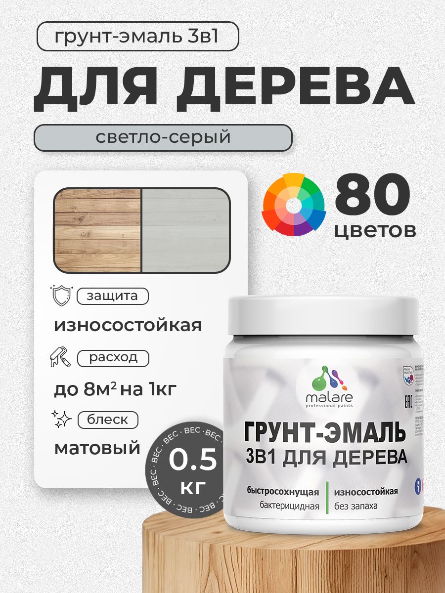 Акриловая Грунт-Эмаль 3 в 1 Malare для деревянных поверхностей с антисептическим эффектом, быстросохнущая, моющаяся без запаха матовая, светло-серый, 0.5 кг