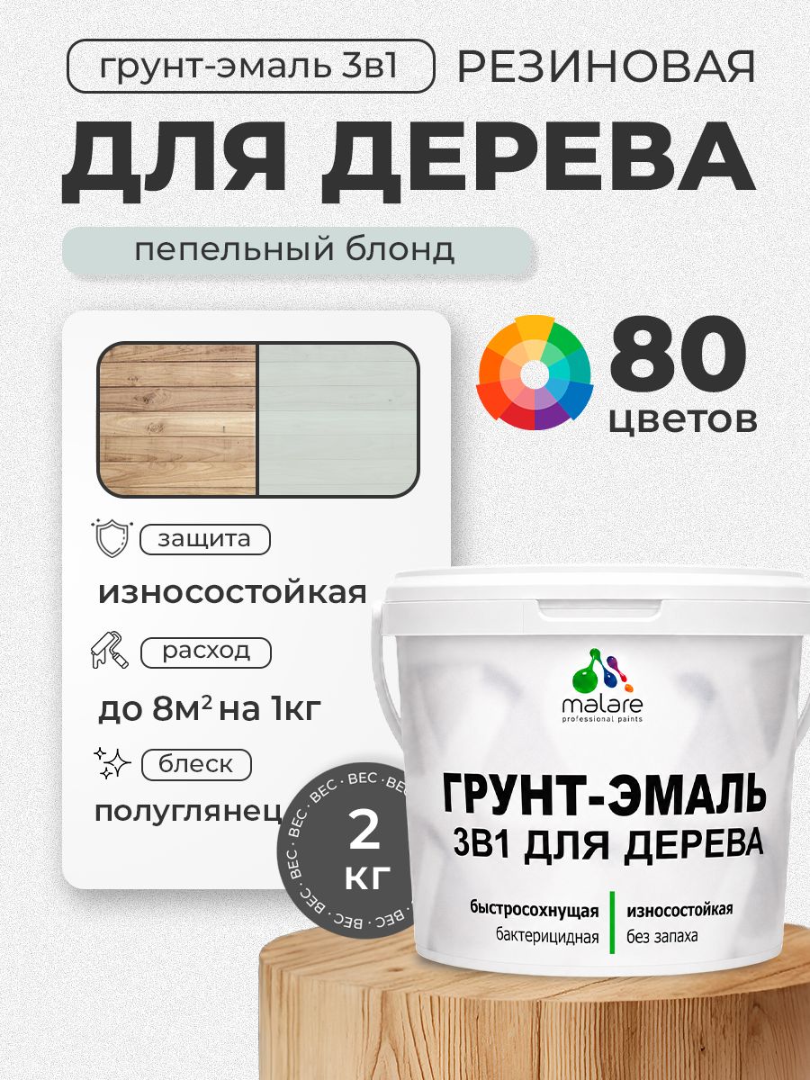 Латексная Грунт-Эмаль 3 в 1 Malare для деревянных поверхностей с антисептическим эффектом, быстросохнущая моющаяся без запаха полуглянцевая, пепельный блонд, 2 кг