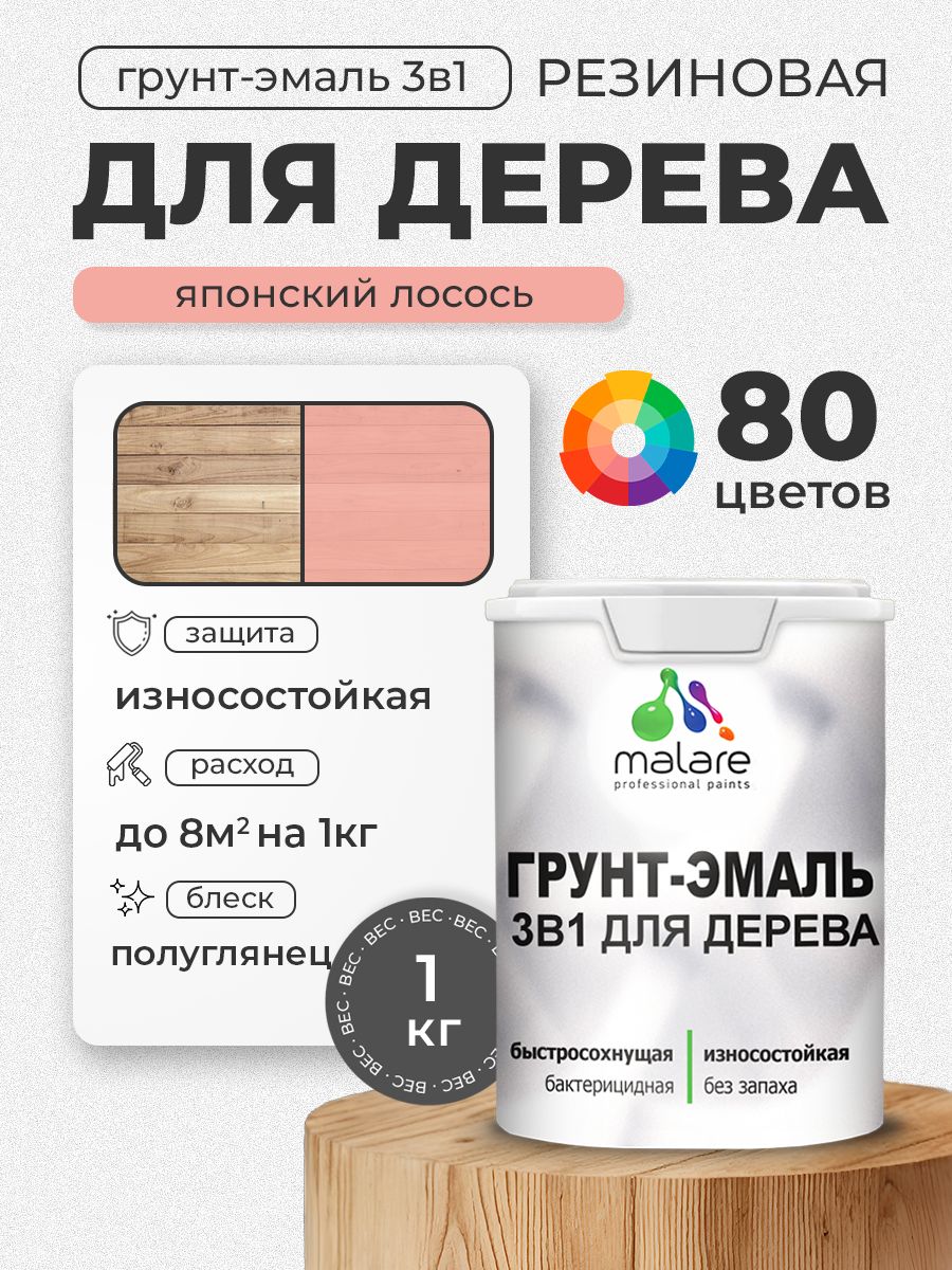 Латексная Грунт-Эмаль 3 в 1 Malare для деревянных поверхностей с антисептическим эффектом, быстросохнущая моющаяся без запаха полуглянцевая, японский лосось, 1 кг