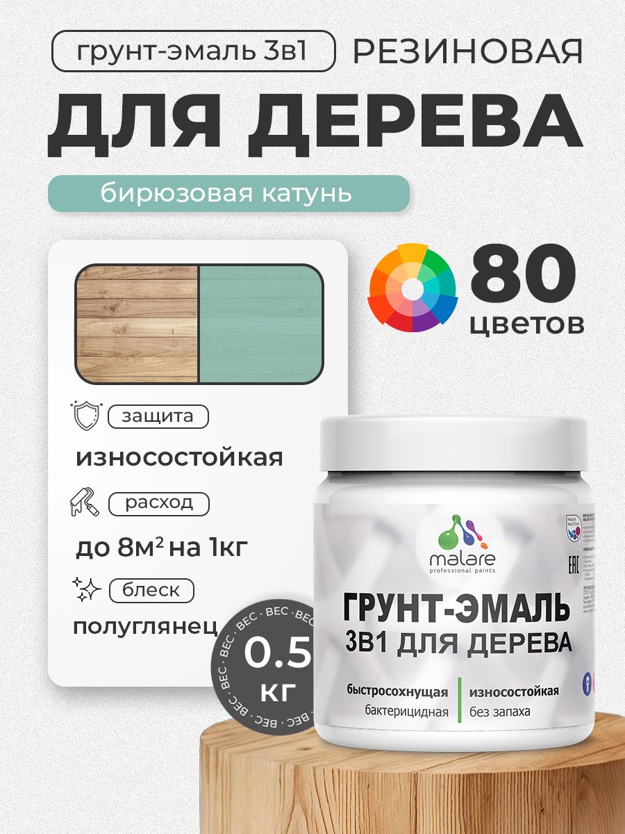 Латексная Грунт-Эмаль 3 в 1 Malare для деревянных поверхностей с антисептическим эффектом, быстросохнущая моющаяся без запаха полуглянцевая, бирюзовая катунь, 0.5 кг