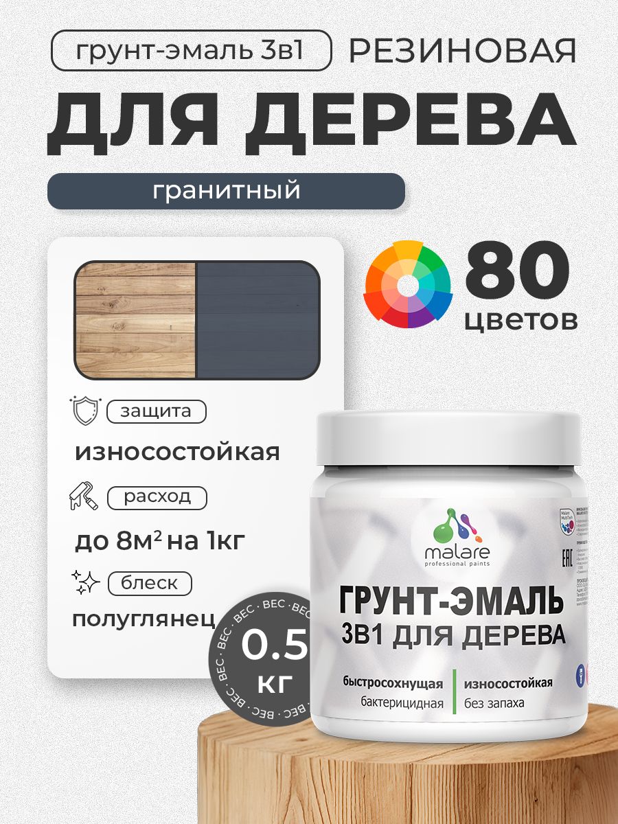 Латексная Грунт-Эмаль 3 в 1 Malare для деревянных поверхностей с антисептическим эффектом, быстросохнущая моющаяся без запаха полуглянцевая, гранитный, 0.5 кг