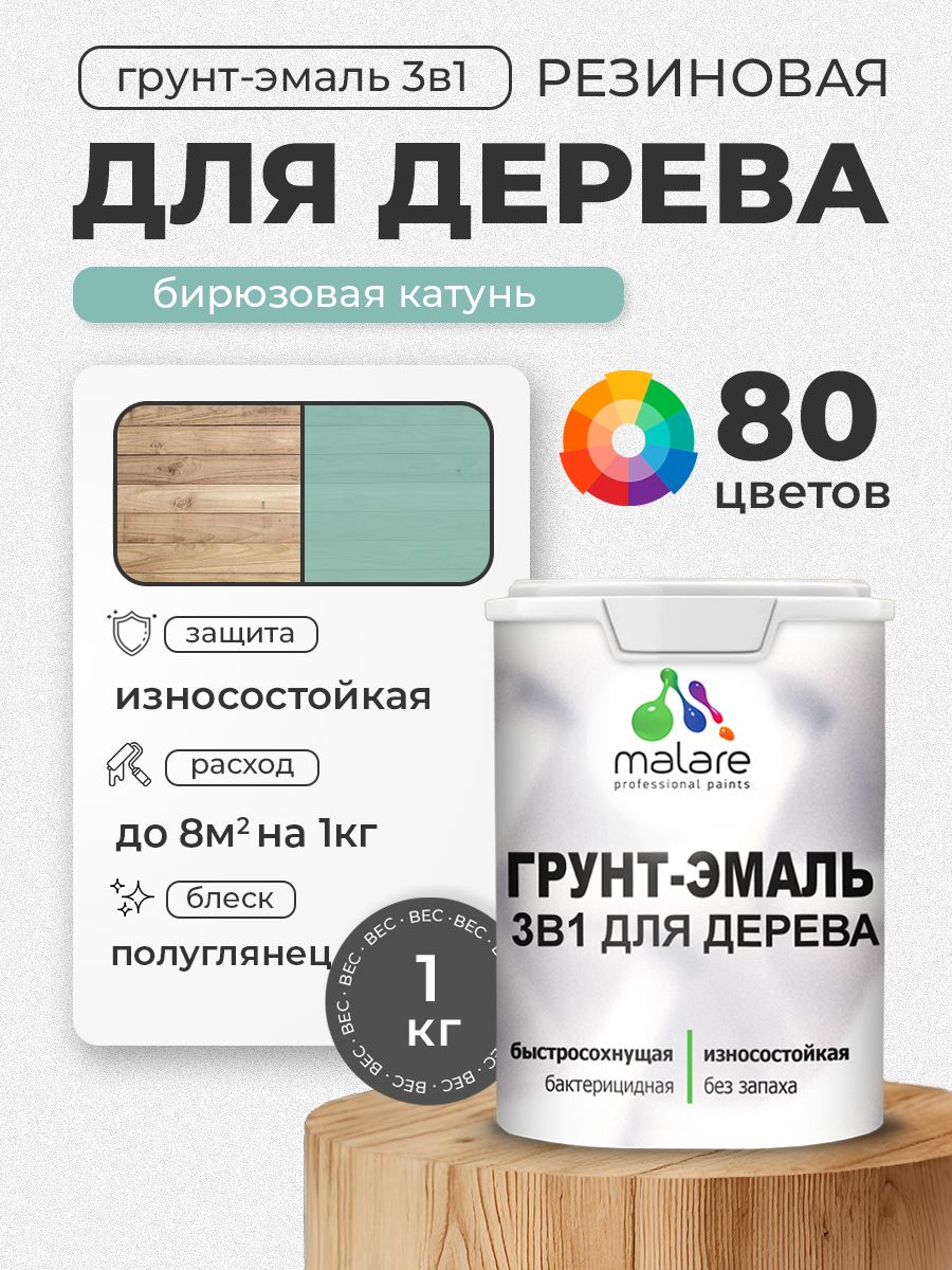Латексная Грунт-Эмаль 3 в 1 Malare для деревянных поверхностей с антисептическим эффектом, быстросохнущая моющаяся без запаха полуглянцевая, бирюзовая катунь, 1 кг