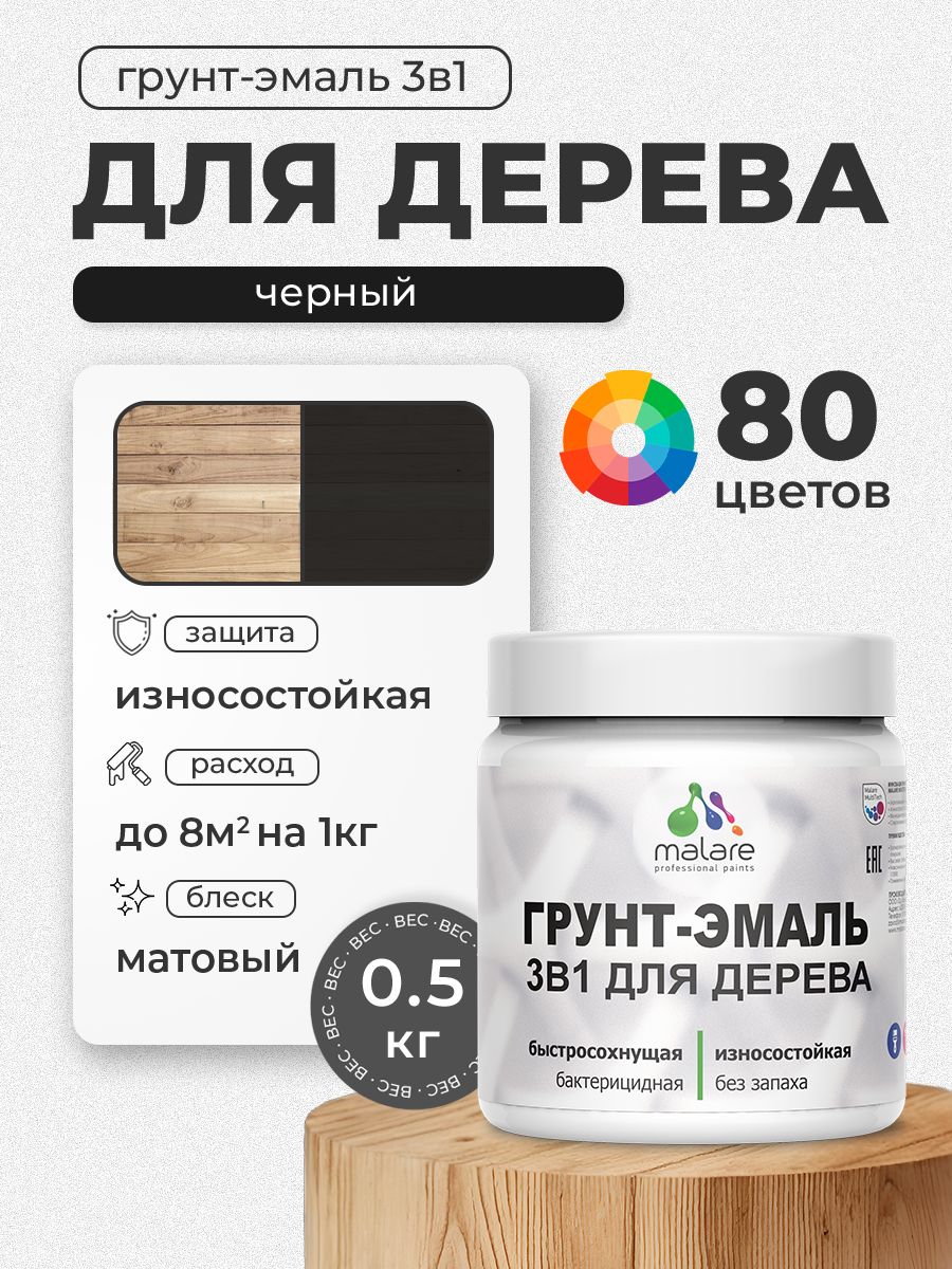 Акриловая Грунт-Эмаль 3 в 1 Malare для деревянных поверхностей с антисептическим эффектом, быстросохнущая, моющаяся без запаха матовая, черный, 0.5 кг