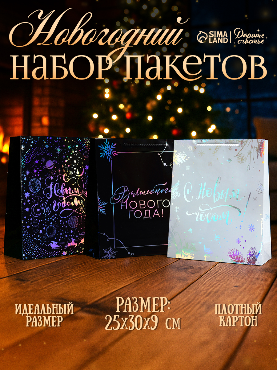 Пакеты новогодние подарочные, набор 3 шт, 26 х 30 х 9 см