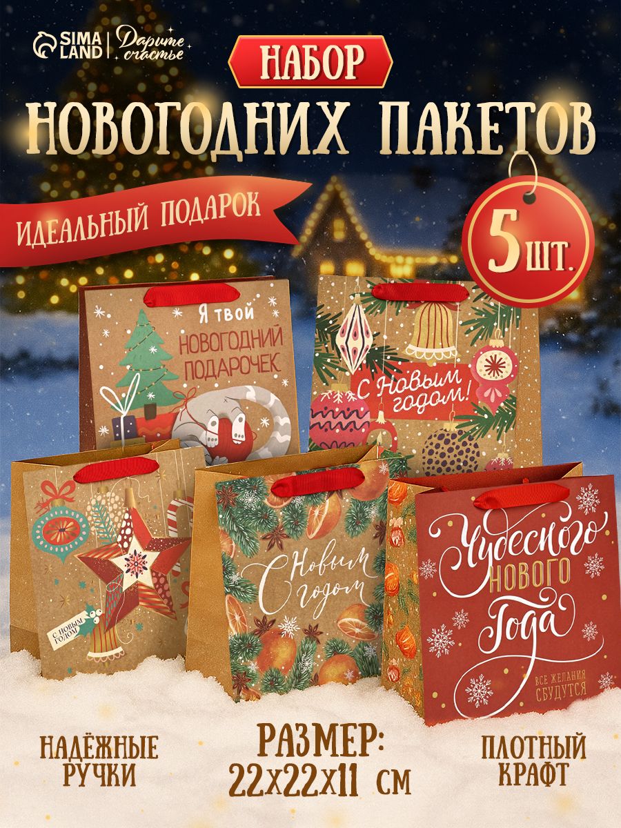 Подарочные пакеты новогодние, набор 5 шт, 22 х 22 х 11 см