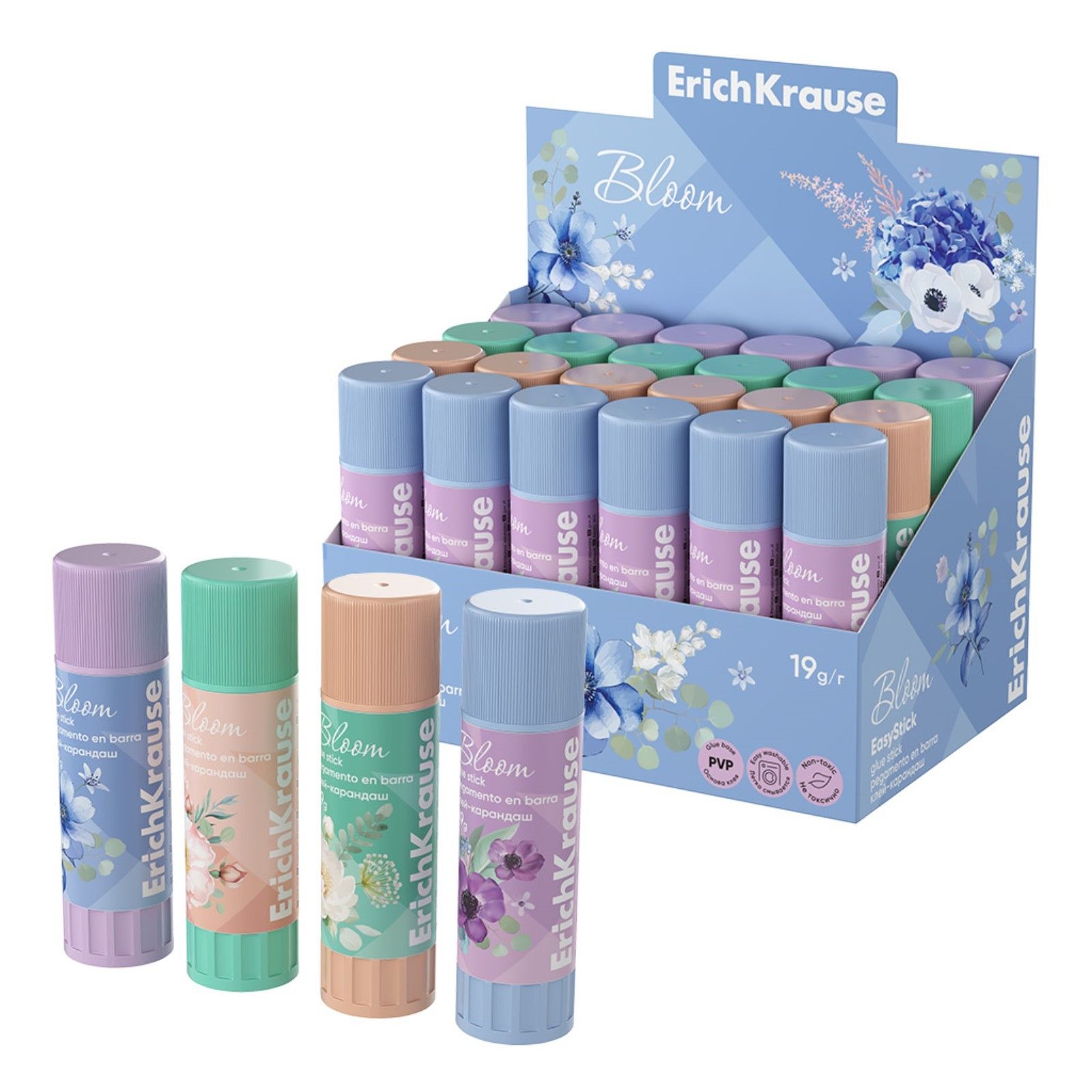 Клей-карандаш 19г ErichKrause EasyStick "Pastel Bloom" PVP, экономичный расход