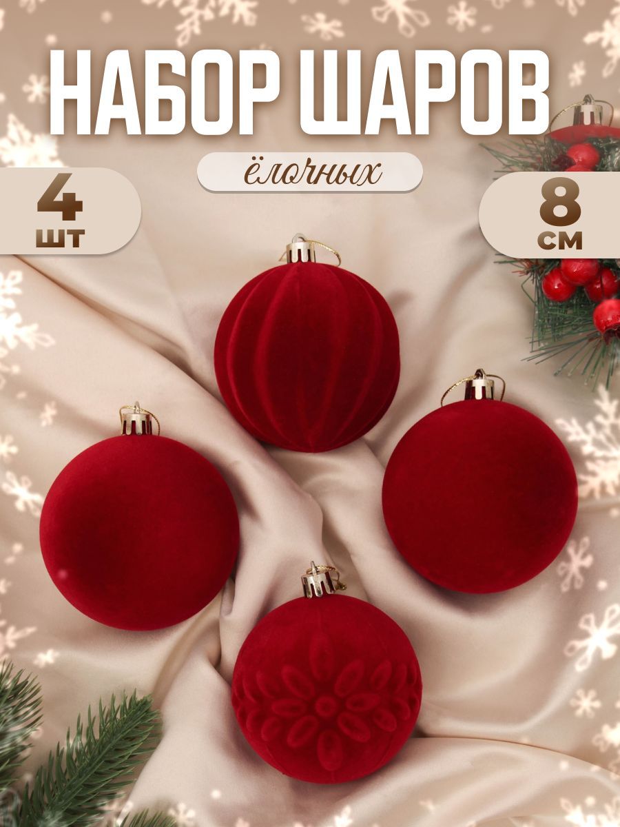 Набор шаров пластик d-8 см, 4 шт "Бархатный зной" красный