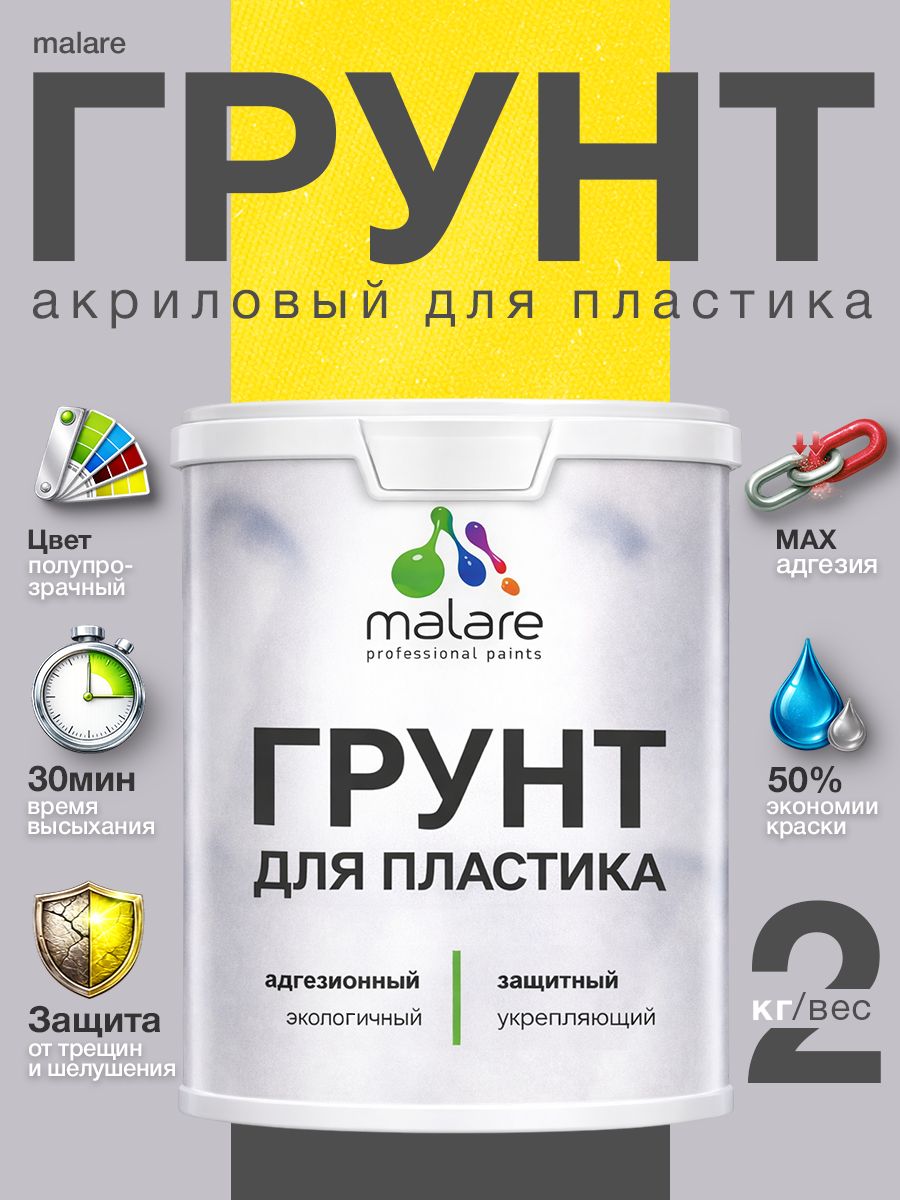Грунт для пластика Malare акриловый адгезионный, без запаха быстросохнущий, полупрозрачный, 2 кг.