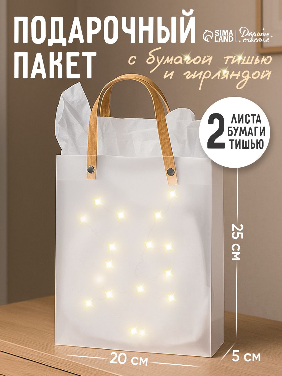 Подарочный пакет, с бумагой тишью и гирляндой, 25 х 8 х 20 см