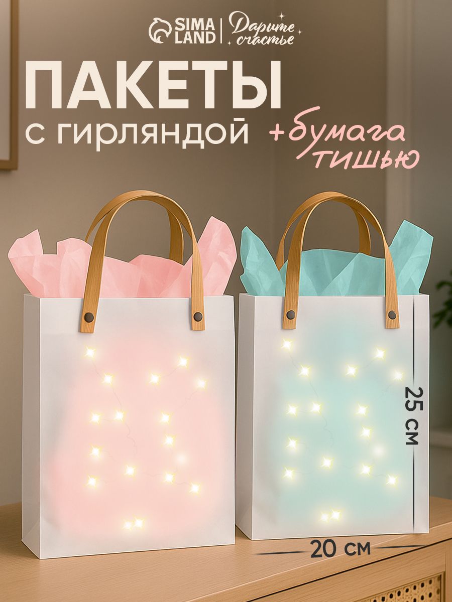 Подарочный пакет с бумагой тишью и гирляндой, набор 2 шт, 25 х 7 х 20 см