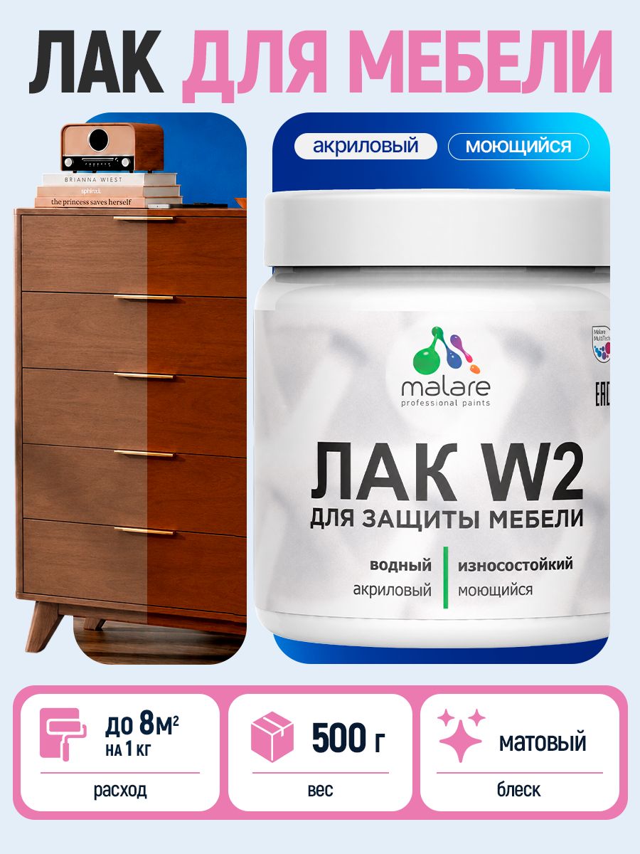Моющийся лак для мебели Malare W2 для кухонных фасадов, для дерева и минеральных поверхностей, акриловый быстросохнущий без запаха, прозрачный, матовый, 0.5 кг
