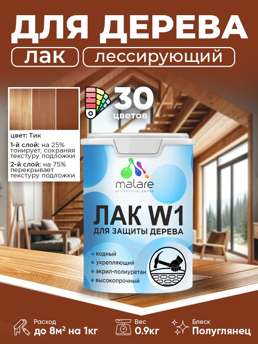 Лак колерованный тонирующий для дерева Malare W1 для деревянных и минеральных поверхностей, моющийся без запаха быстросохнущий, полуглянцевый, тик, 0.9 кг.