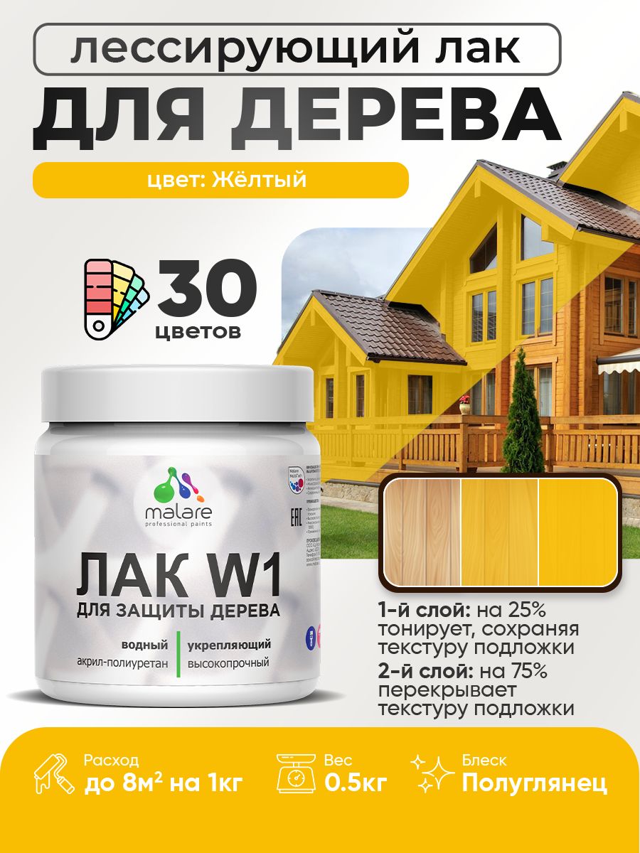 Лак колерованный тонирующий для дерева Malare W1 для деревянных и минеральных поверхностей, моющийся без запаха быстросохнущий, полуглянцевый, желтый, 0.5 кг.