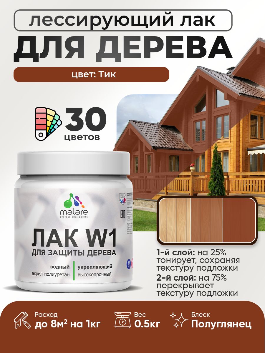 Лак колерованный тонирующий для дерева Malare W1 для деревянных и минеральных поверхностей, моющийся без запаха быстросохнущий, полуглянцевый, тик, 0.5 кг.