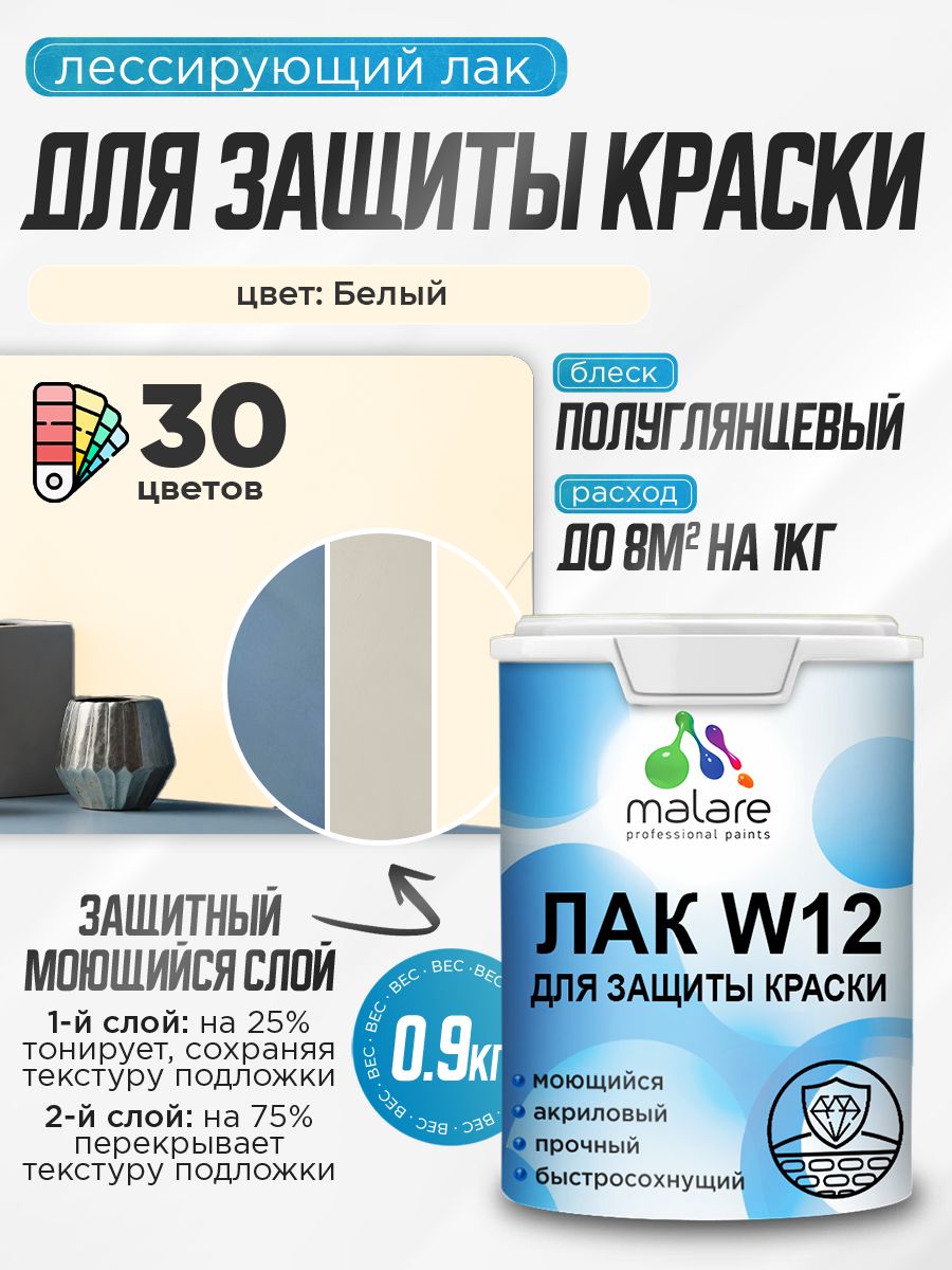 Лак колерованный тонирующий для защиты акриловых красок Malare W12 моющийся универсальный быстросохнущий экологичный, полуглянцевый, белый, 0.9 кг.