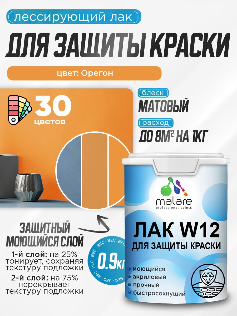 Лак колерованный тонирующий для защиты акриловых красок Malare W12 моющийся универсальный быстросохнущий экологичный, матовый, орегон, 0.9 кг.