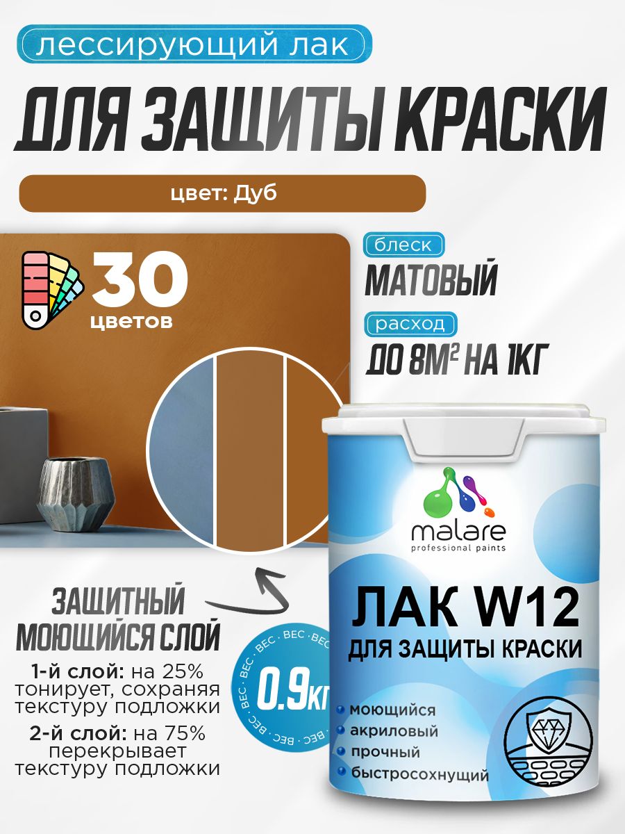 Лак колерованный тонирующий для защиты акриловых красок Malare W12 моющийся универсальный быстросохнущий экологичный, матовый, дуб, 0.9 кг.