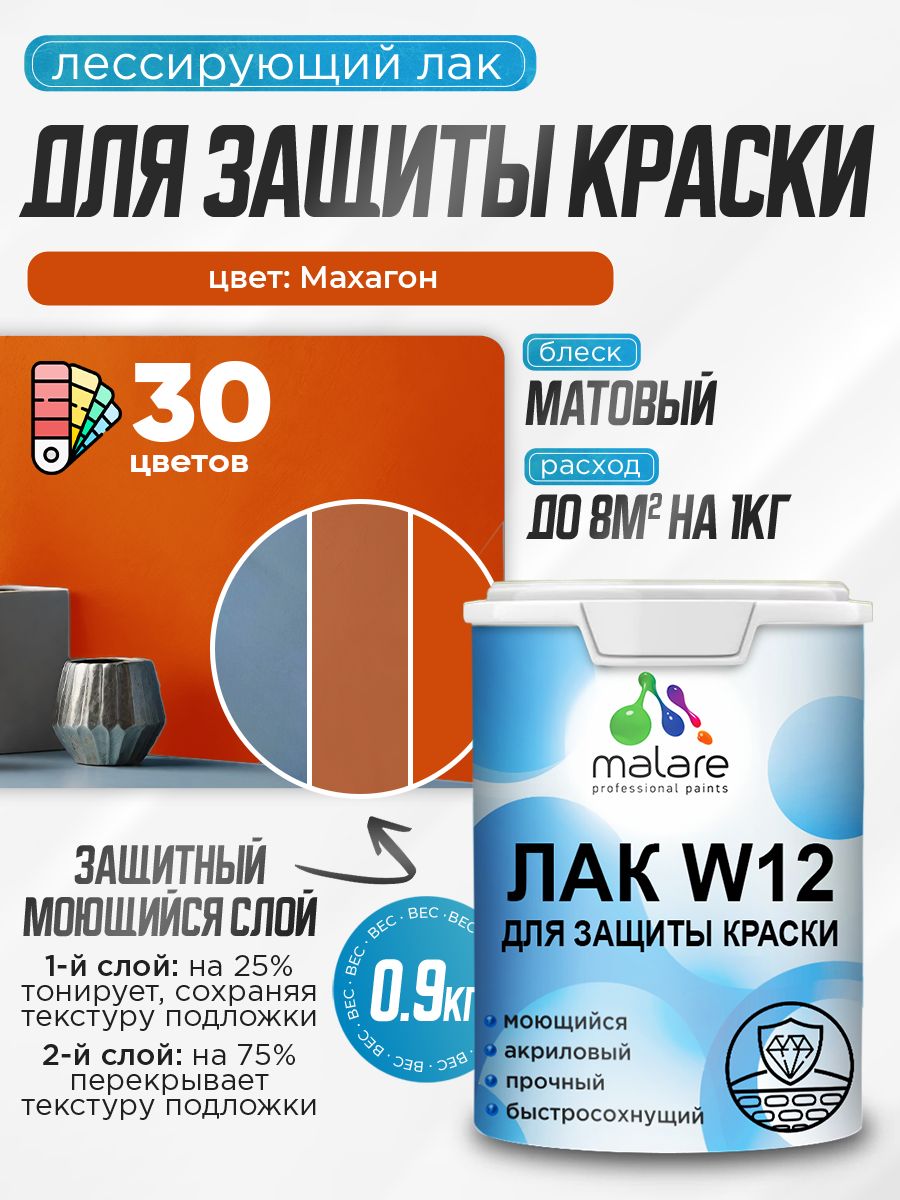 Лак колерованный тонирующий для защиты акриловых красок Malare W12 моющийся универсальный быстросохнущий экологичный, матовый, махагон, 0.9 кг.