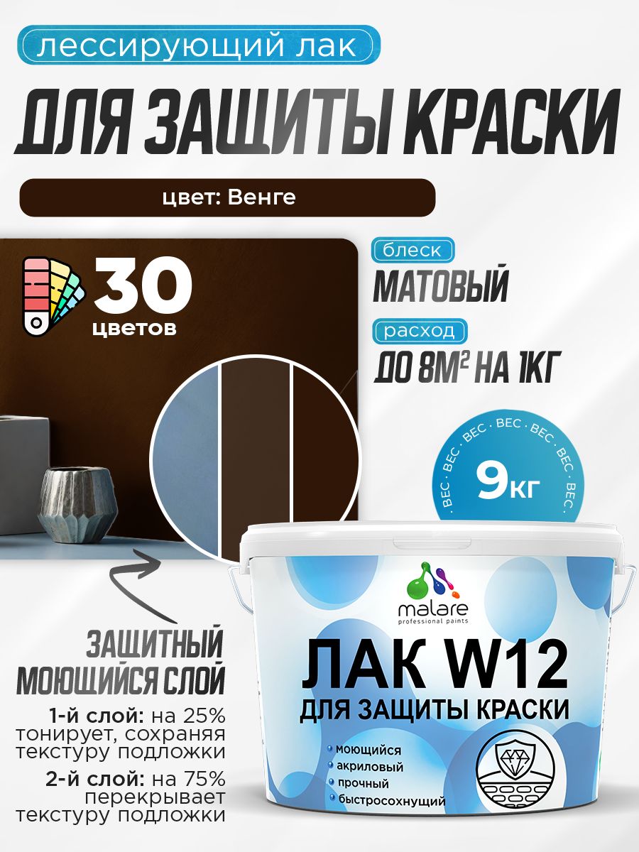 Лак колерованный тонирующий для защиты акриловых красок Malare W12 моющийся универсальный быстросохнущий экологичный, матовый, венге, 9 кг.