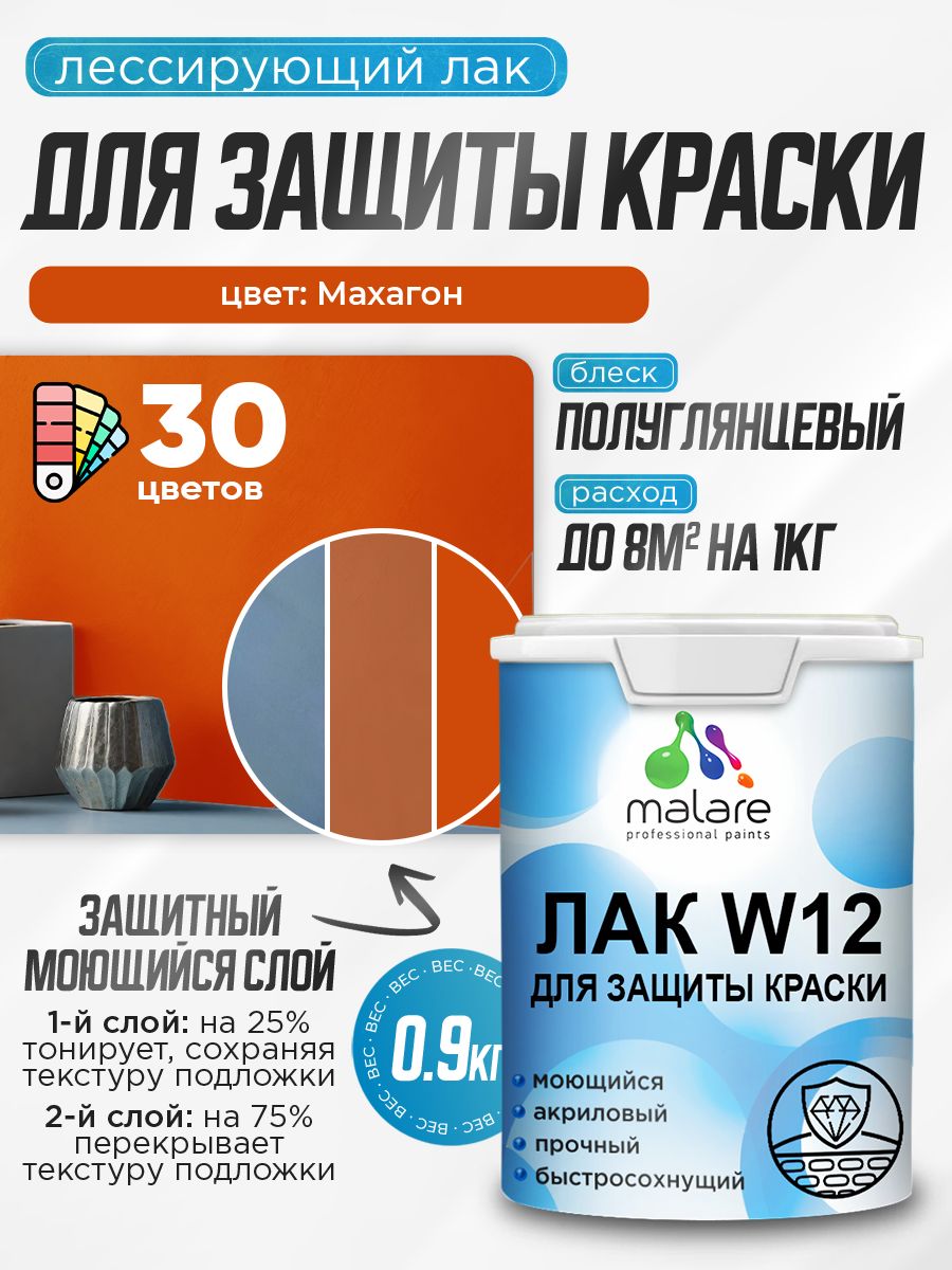 Лак колерованный тонирующий для защиты акриловых красок Malare W12 моющийся универсальный быстросохнущий экологичный, полуглянцевый, махагон, 0.9 кг.