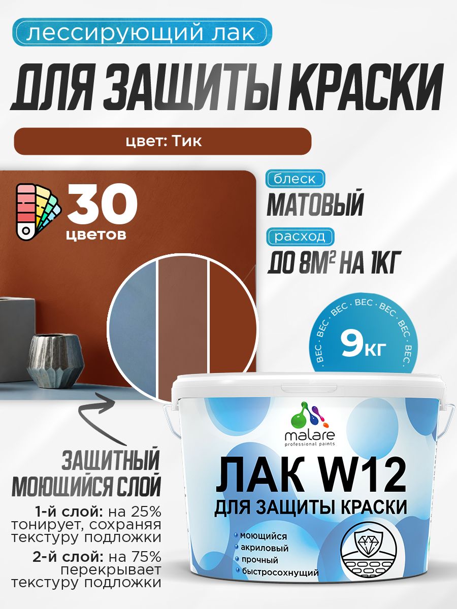 Лак колерованный тонирующий для защиты акриловых красок Malare W12 моющийся универсальный быстросохнущий экологичный, матовый, тик, 9 кг.