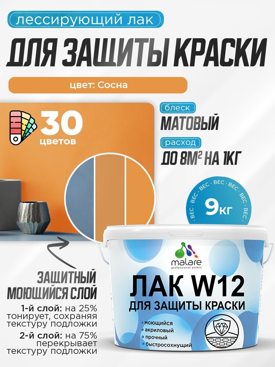 Лак колерованный тонирующий для защиты акриловых красок Malare W12 моющийся универсальный быстросохнущий экологичный, матовый, сосна, 9 кг.