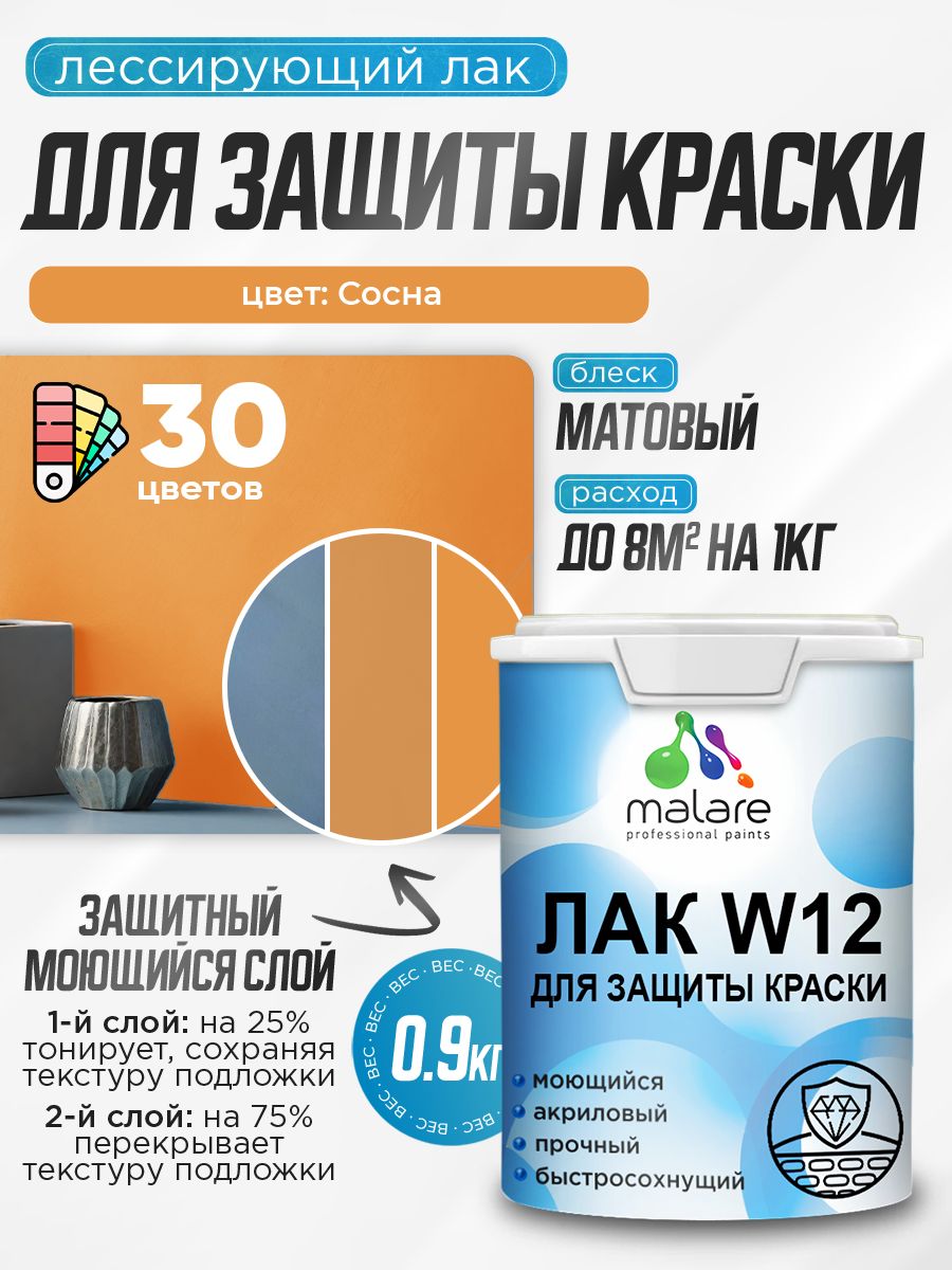 Лак колерованный тонирующий для защиты акриловых красок Malare W12 моющийся универсальный быстросохнущий экологичный, матовый, сосна, 0.9 кг.
