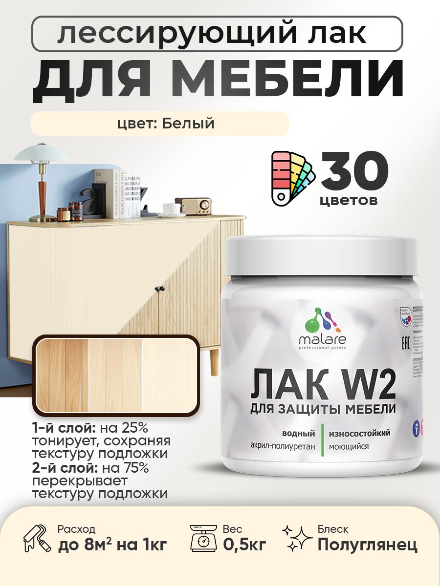 Лак колерованный тонирующий лак для мебели Malare W2 для кухонных фасадов, для дерева и минеральных поверхностей, акриловый быстросохнущий без запаха, полуглянцевый, белый, 0.5 кг.