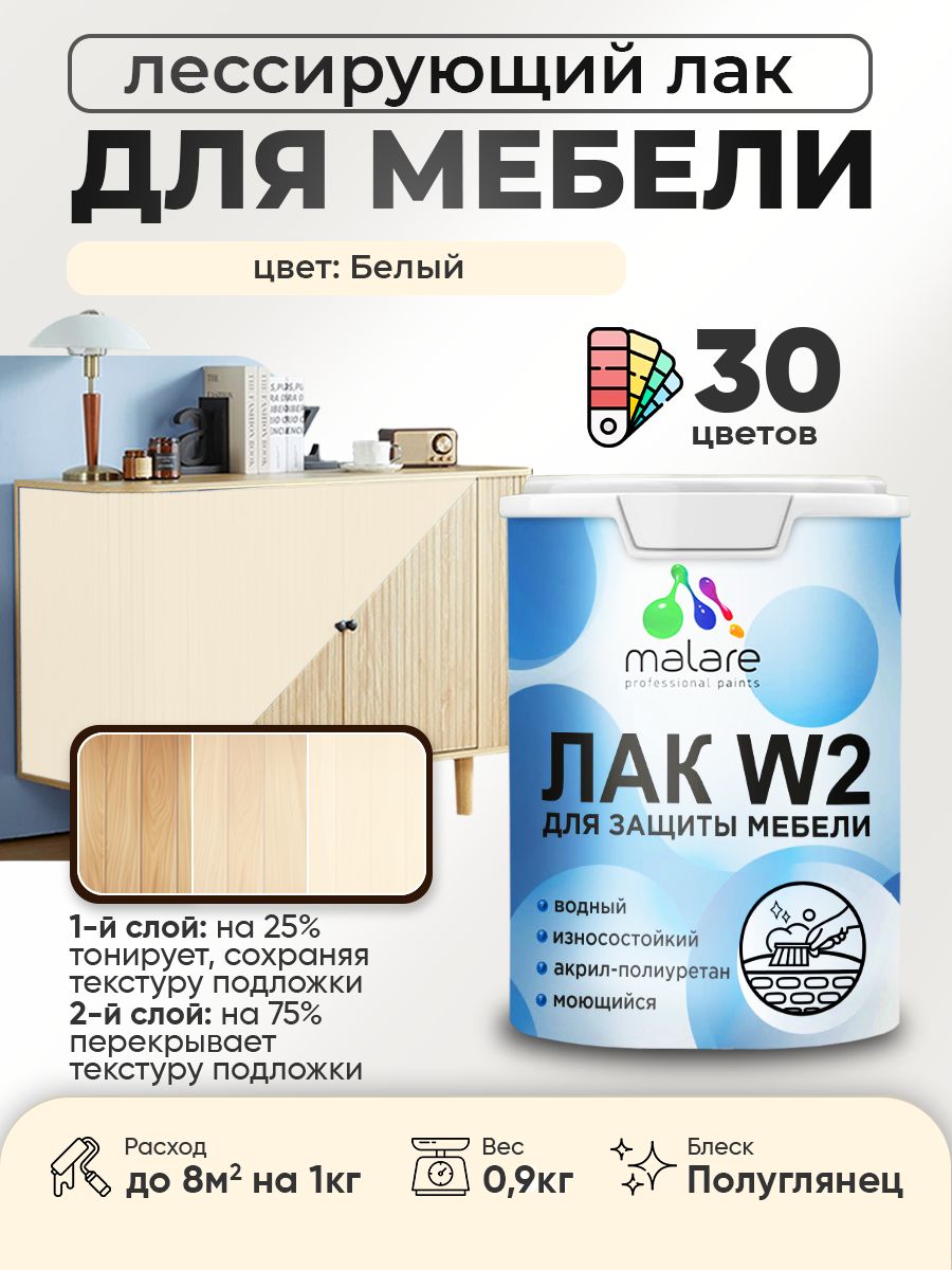 Лак колерованный тонирующий лак для мебели Malare W2 для кухонных фасадов, для дерева и минеральных поверхностей, акриловый быстросохнущий без запаха, полуглянцевый, белый, 0.9 кг.