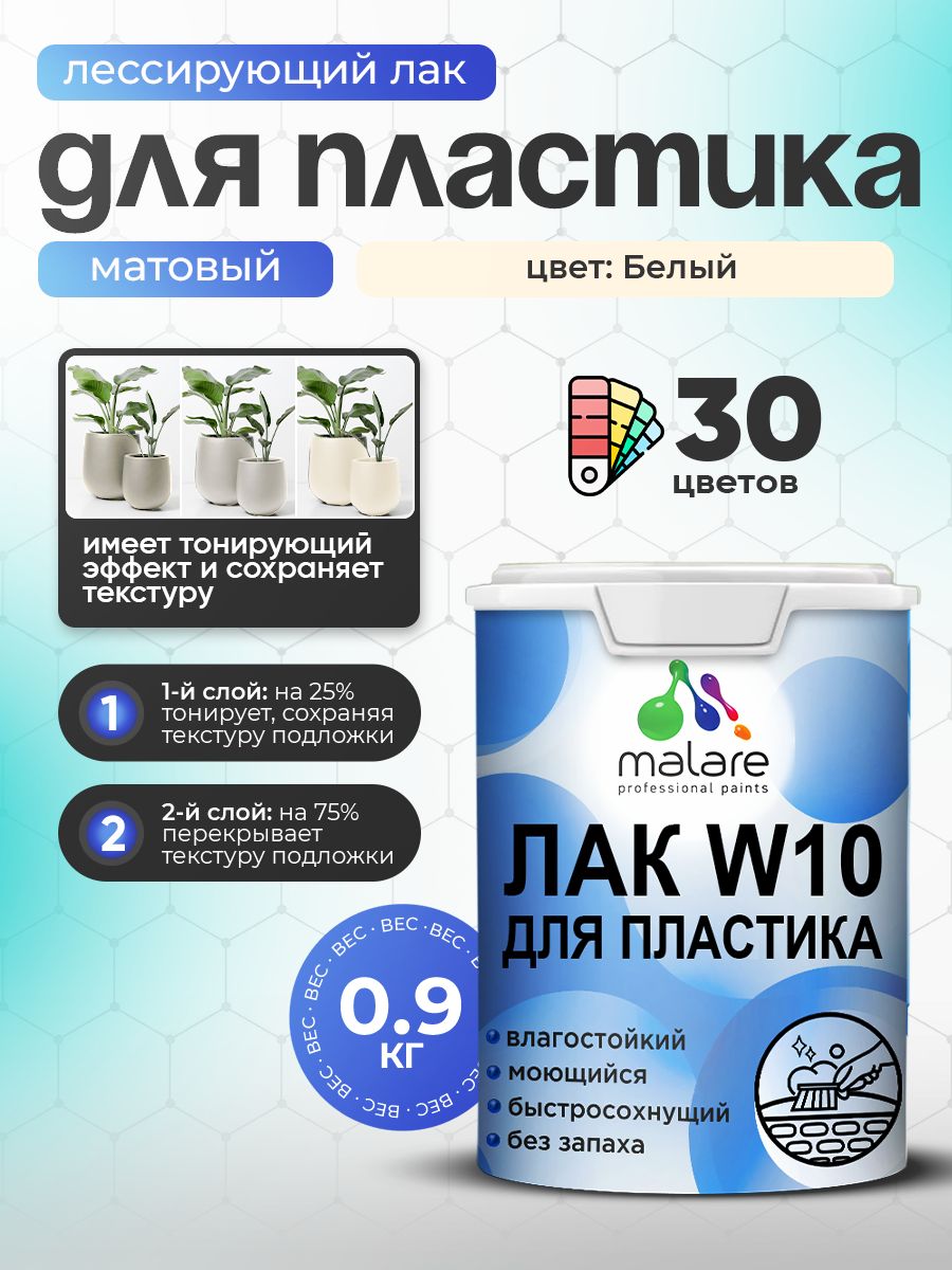 Лак колерованный тонирующий для защиты пластика Malare W10 акриловый моющийся быстросохнущий, матовый, белый, 0.9 кг.
